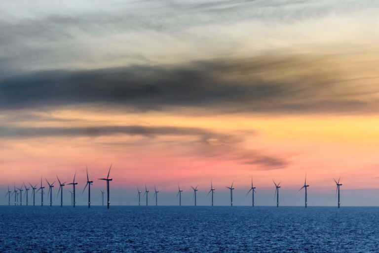 HORNSEA OFFSHORE WIND FARM, UK - 2016 JULY 15. Sunset with orang
