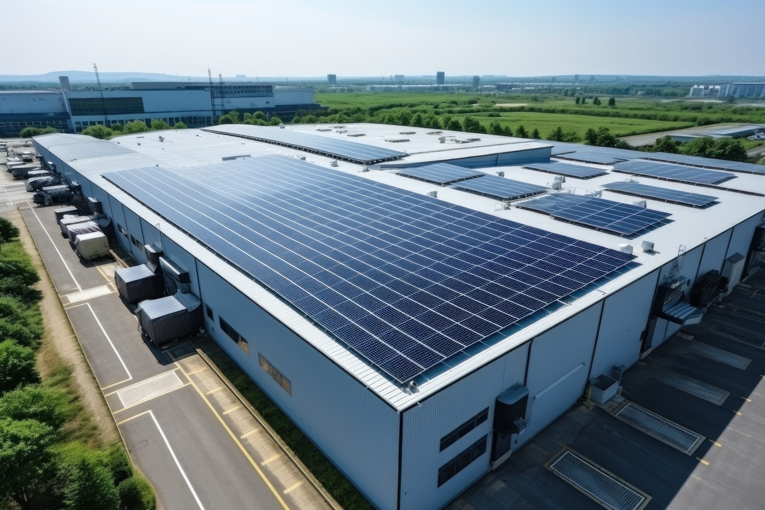 a business warehouse using greener technologies such as solar PV to increase their sustainability practices as part of a carbon net-zero pathway.