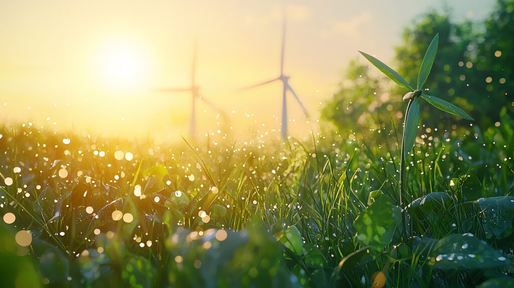 trees, wind turbines and sunlight to represent reducing carbon footprint