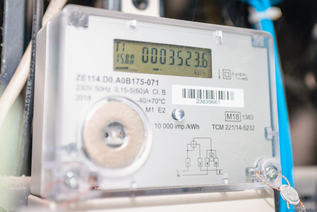 Close-up of modern smart meter showcasing meter readings