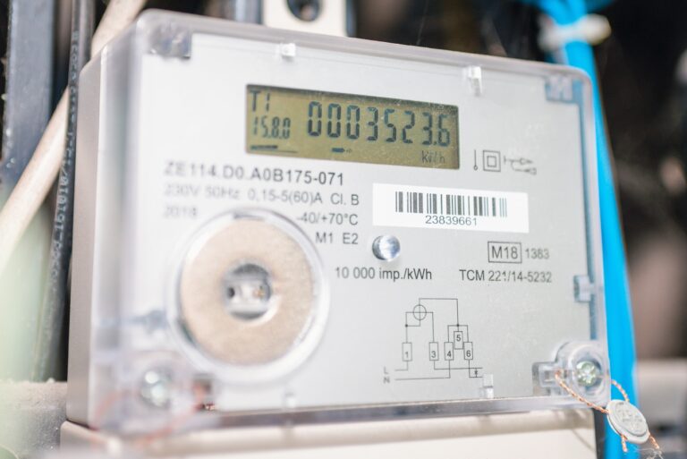 Close-up of modern smart meter showcasing meter readings