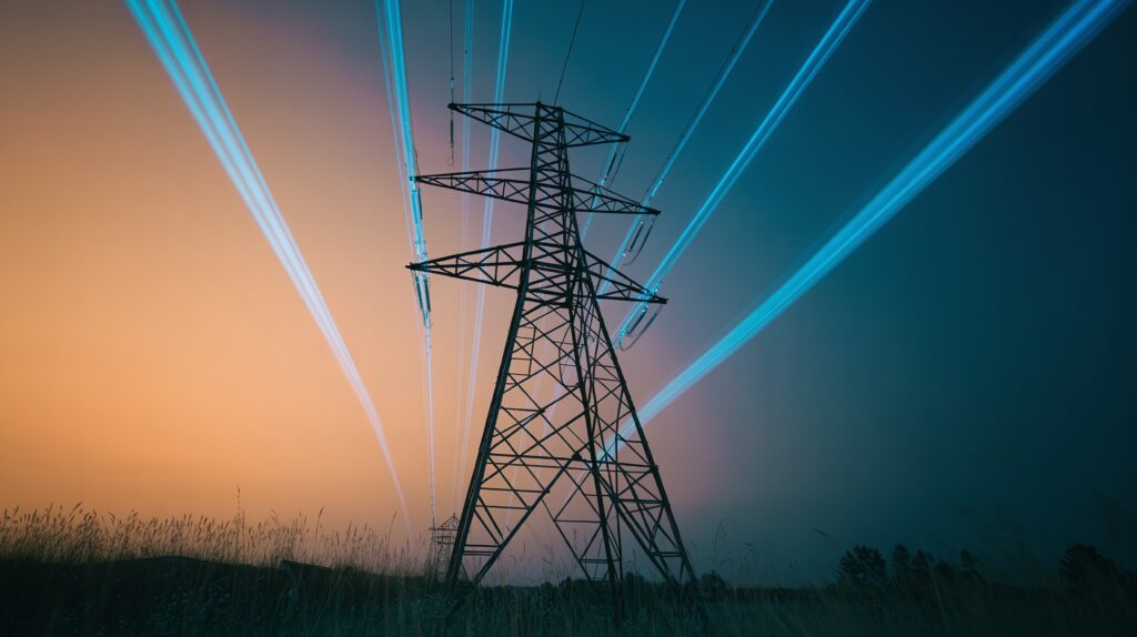 Electricity pylon at dusk with blue lines representing business energy bills