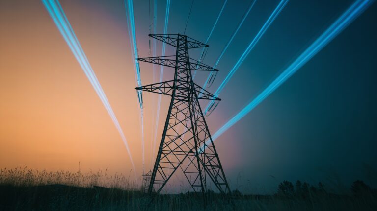 Electricity pylon at dusk with blue lines representing business energy bills