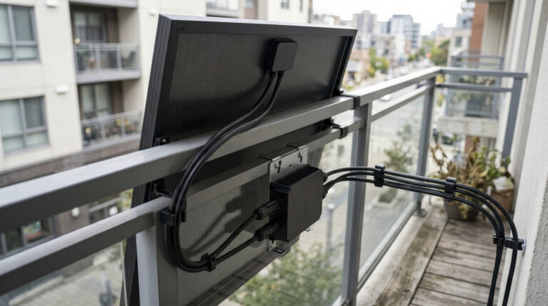 plug in solar panel attached to a residential balcony