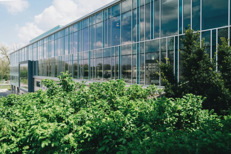 modern office building surrounded by greenery representing renewables in the workplace