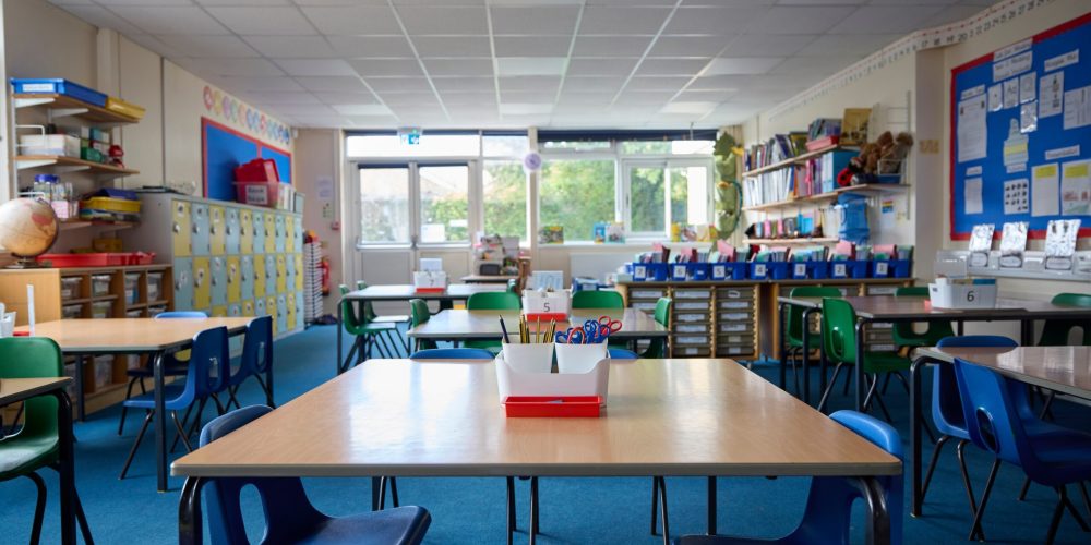 Empty Tables And Chairs In Primary Or Elementary School Classroom Empty Tables And Chairs In Primary School Classroom